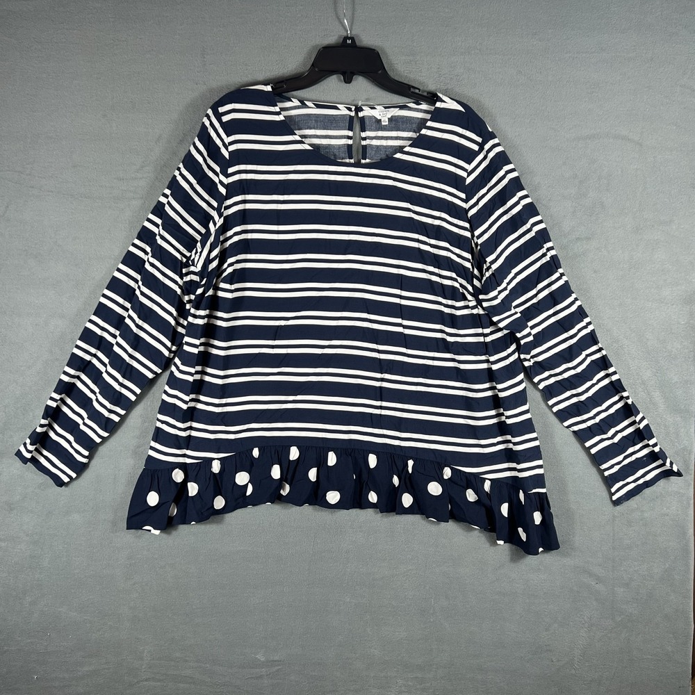 Crown & Ivy Woman 2X Navy Blue White Stripe Polka Dot Ruffle Hem Top Blouse
